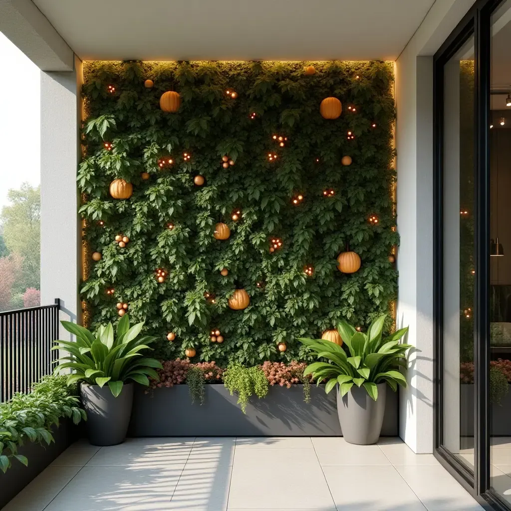 a photo of a balcony featuring a garden wall with seasonal decorations