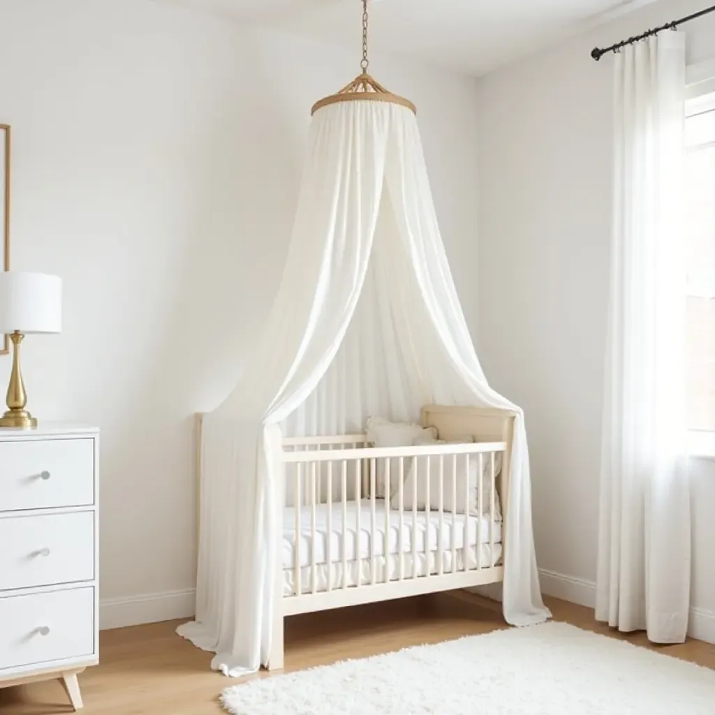 a photo of a modern nursery with a minimalist canopy over a crib