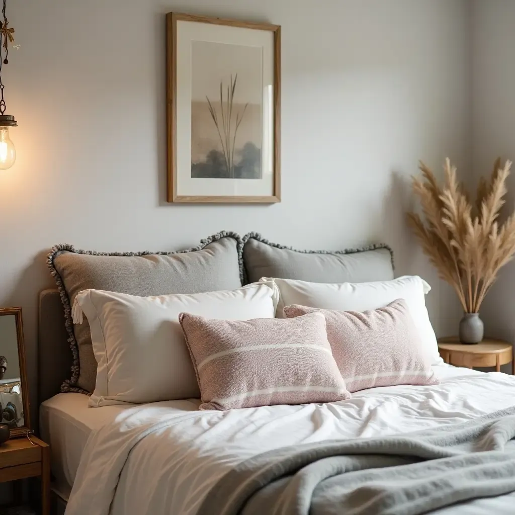 a photo of a cozy teen bedroom with layered throw pillows on a bed