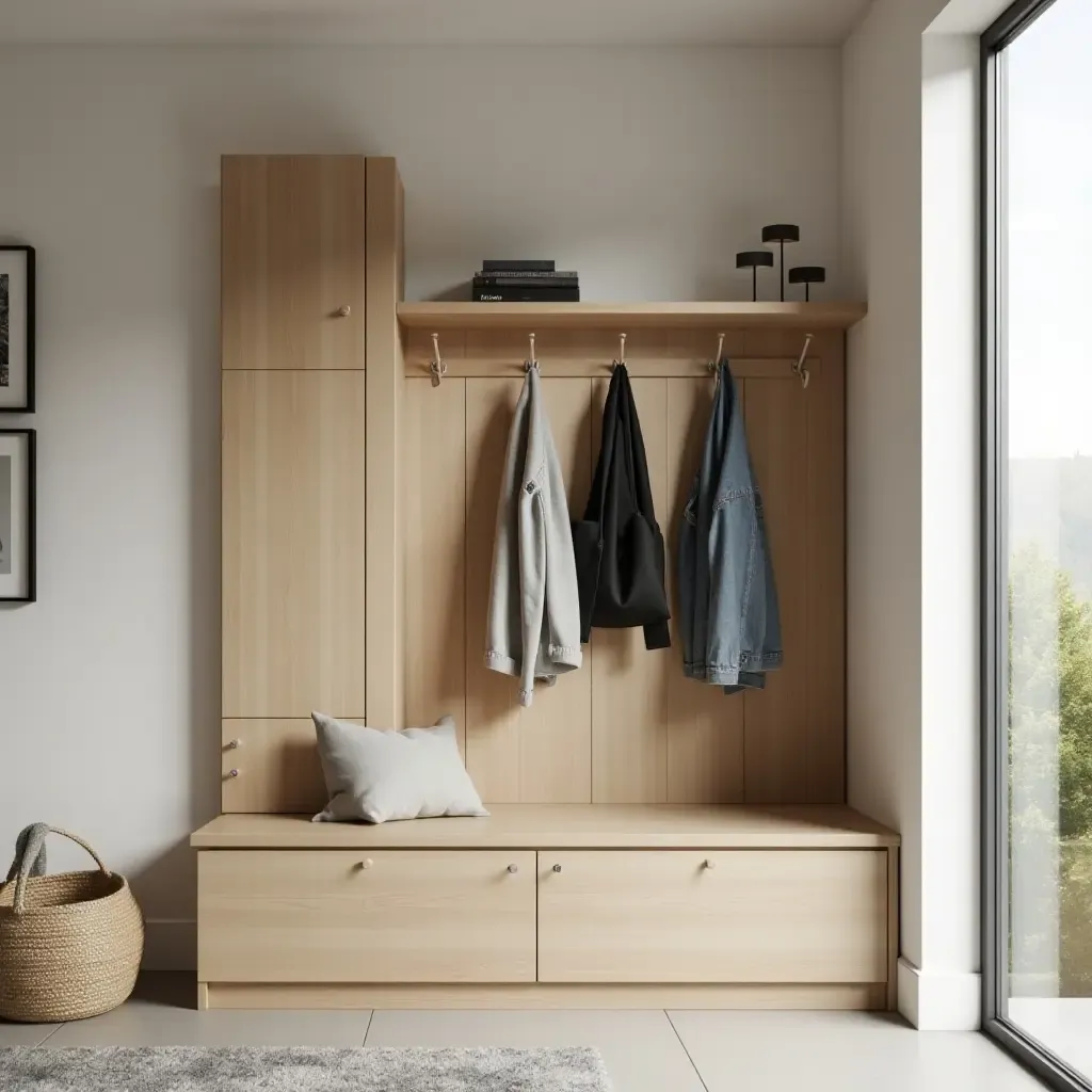 a photo of a functional corridor with hooks for coats and bags