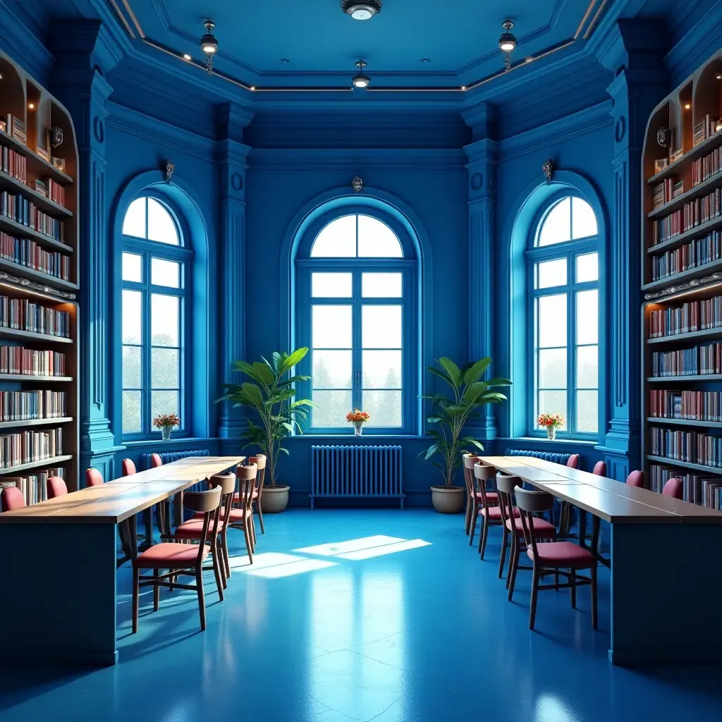 a photo of a library with arched windows and vibrant blue accents