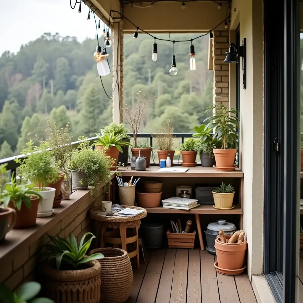 a photo of a balcony with a creative outdoor workspace and organized supplies