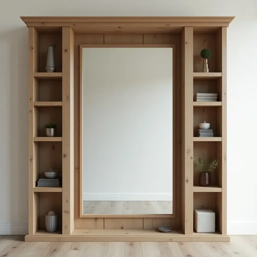 a photo of a rustic mirror with built-in shelving