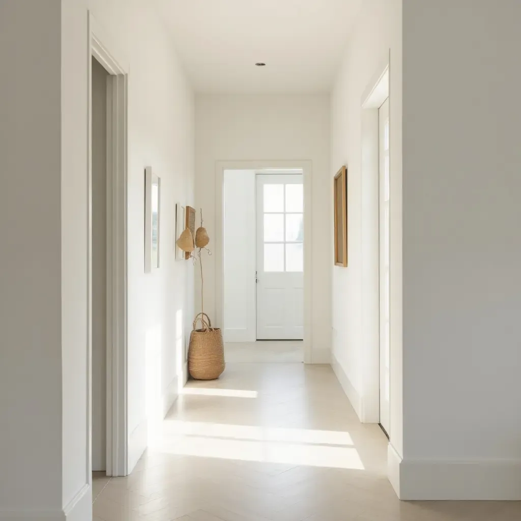 a photo of a serene hallway with light-colored walls and simple decor elements