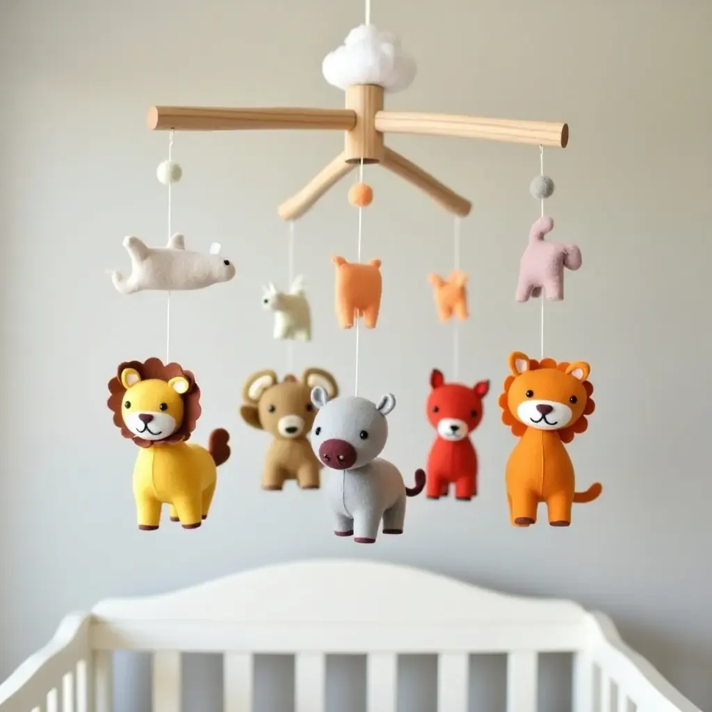 a photo of a handmade mobile with colorful felt animals hanging above a crib