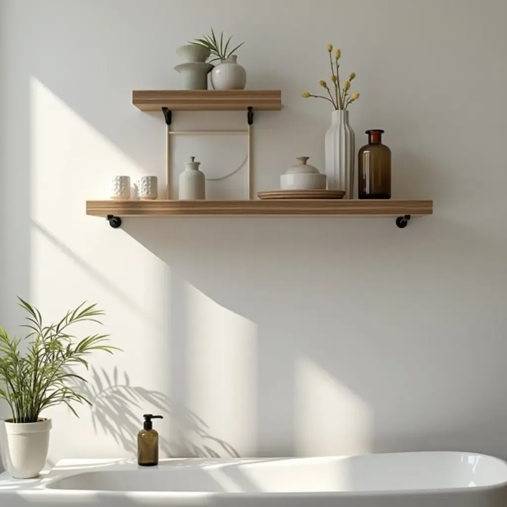 a photo of a wooden wall-mounted shelf with decorative items in a bathroom