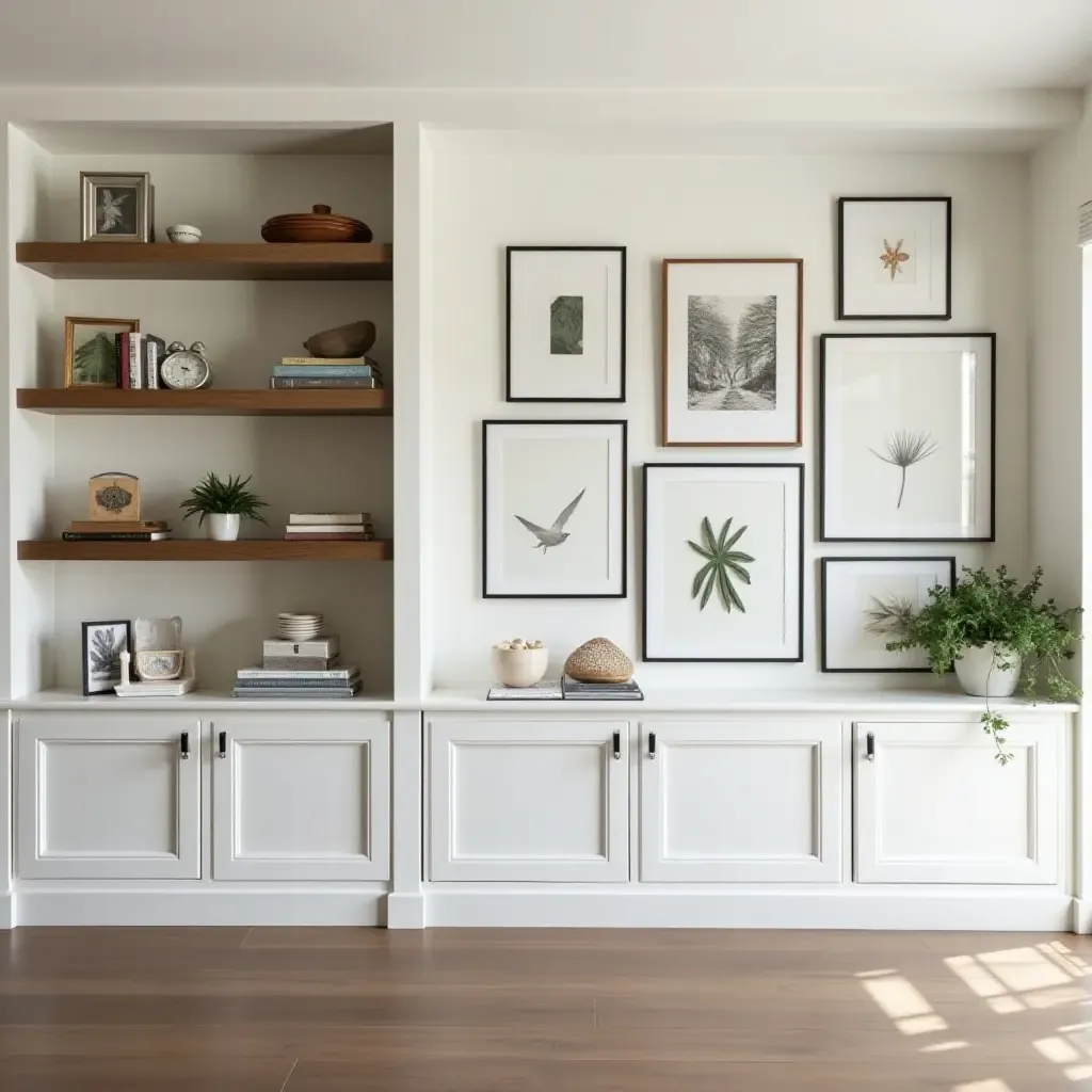 a photo of open shelving styled with a gallery wall of framed art