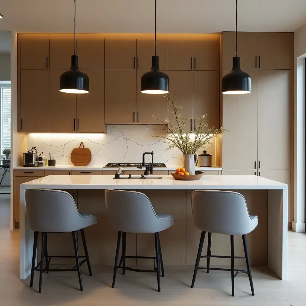 a photo of a kitchen with trendy pendant lights and stylish seating