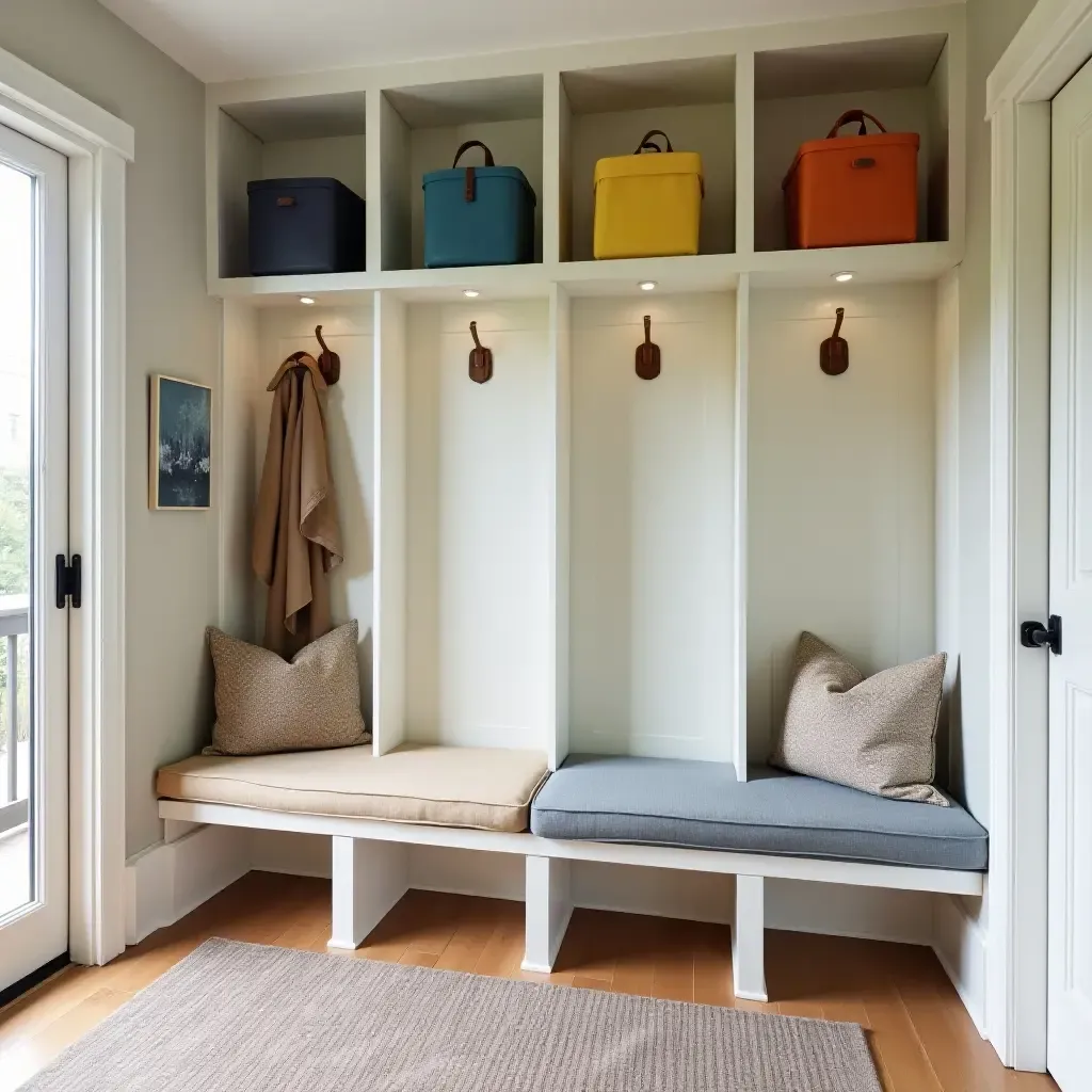 a photo of a stylish mudroom with colorful storage cubbies and seating