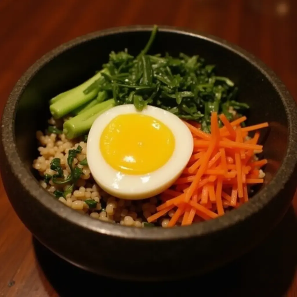 a photo of Jeonju&#x27;s bibimbap, a vibrant mix of rice, vegetables, and egg in a stone bowl.