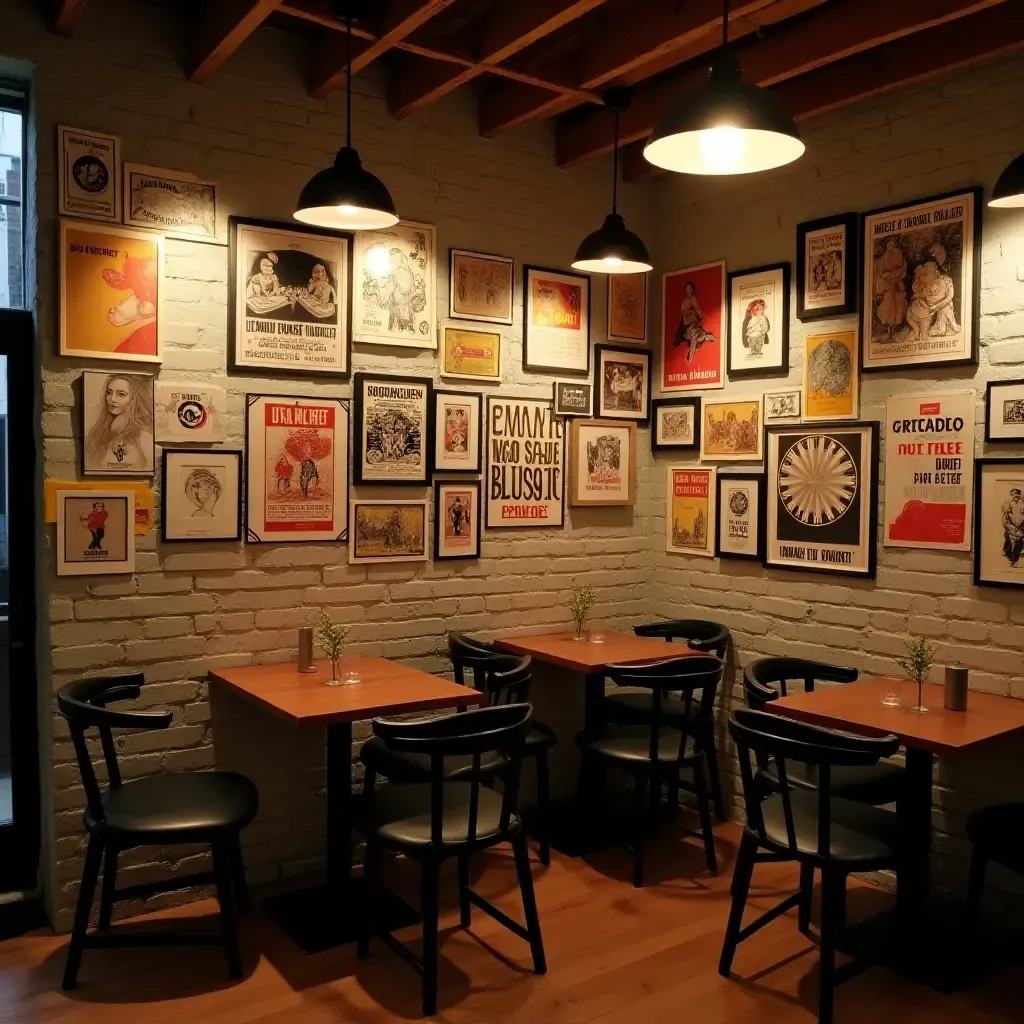 a photo of a basement wall decorated with vintage posters and art