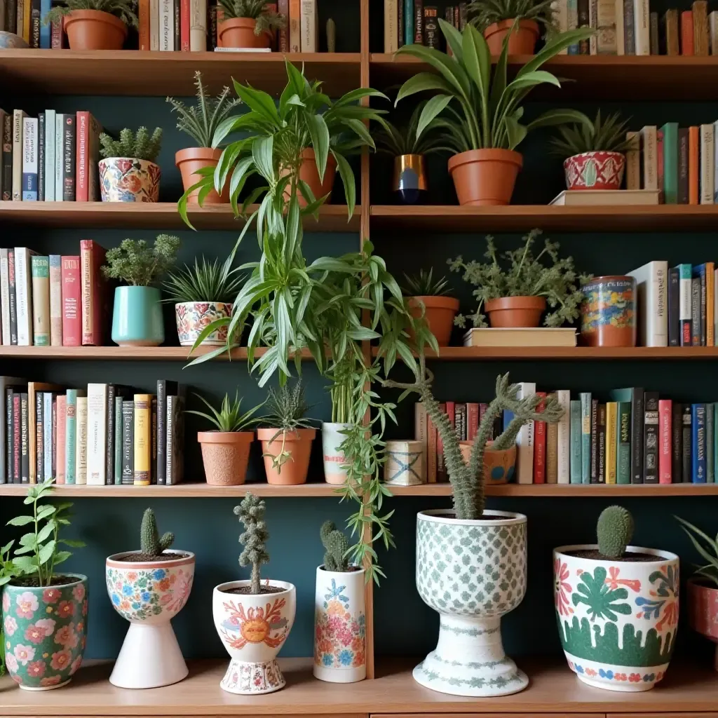 a photo of a bookshelf adorned with colorful plants and unique ceramic pots