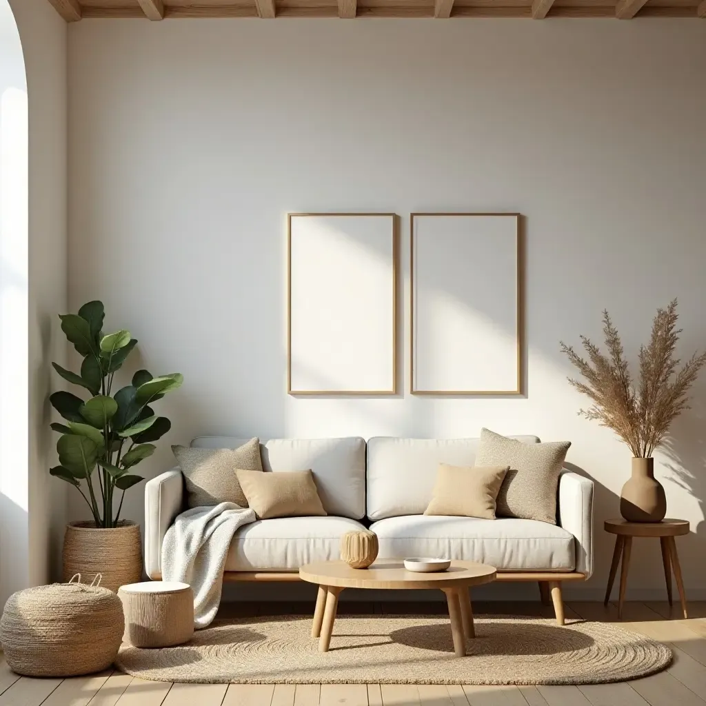 a photo of a living room with natural wood accents and woven baskets