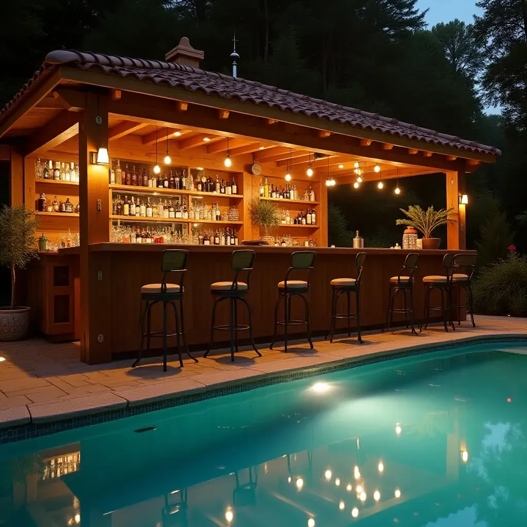 a photo of a rustic wooden bar by the pool with hanging lights