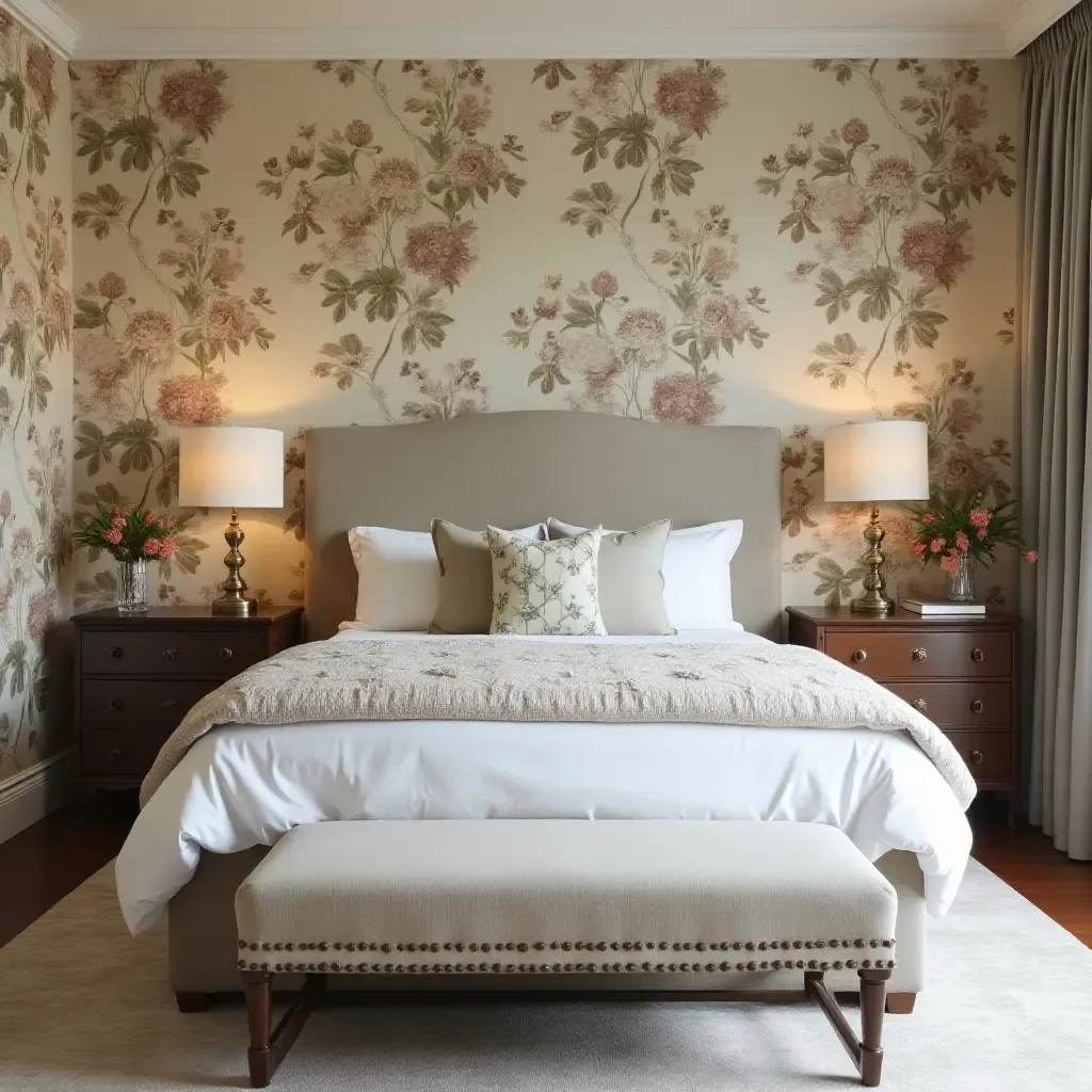 a photo of a bedroom with a vintage floral wallpaper