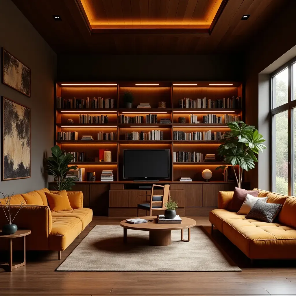 a photo of a contemporary library with retro furniture and a cozy atmosphere