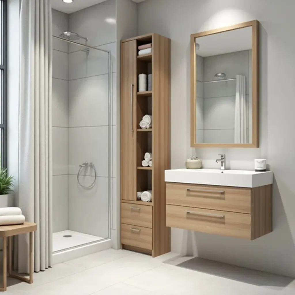 a photo of a compact bathroom with vertical storage solutions