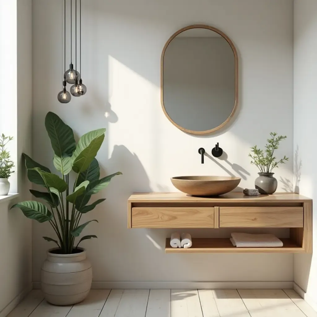 a photo of a minimalist bathroom with a natural wood sink and plants