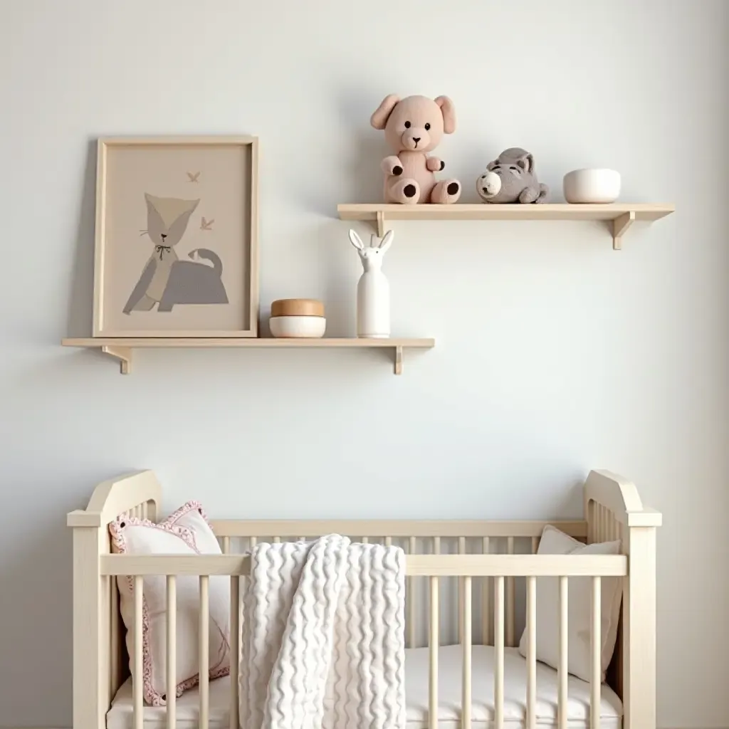 a photo of a stylish small nursery featuring wall-mounted shelves