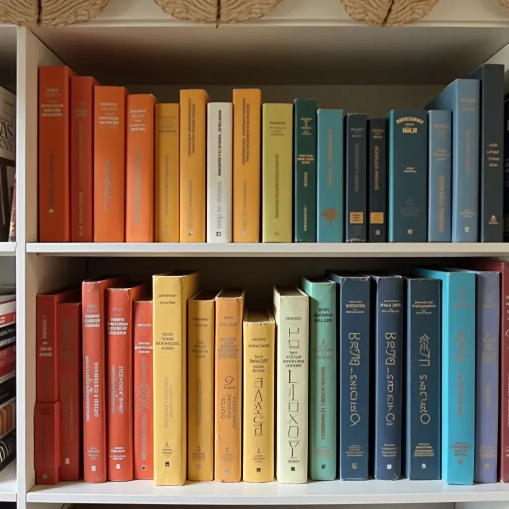 a photo of books organized by color on a small shelf