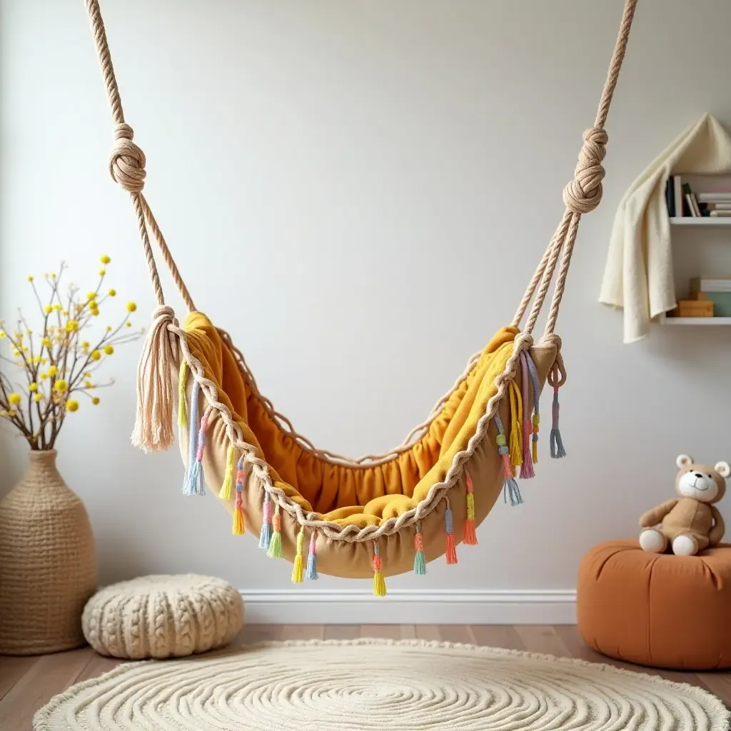 a photo of a nursery featuring a colorful toy hammock