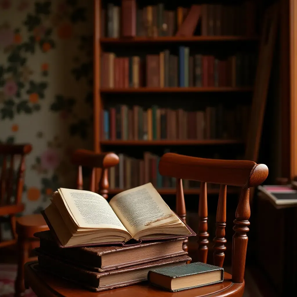 a photo of a cozy reading nook with vintage books