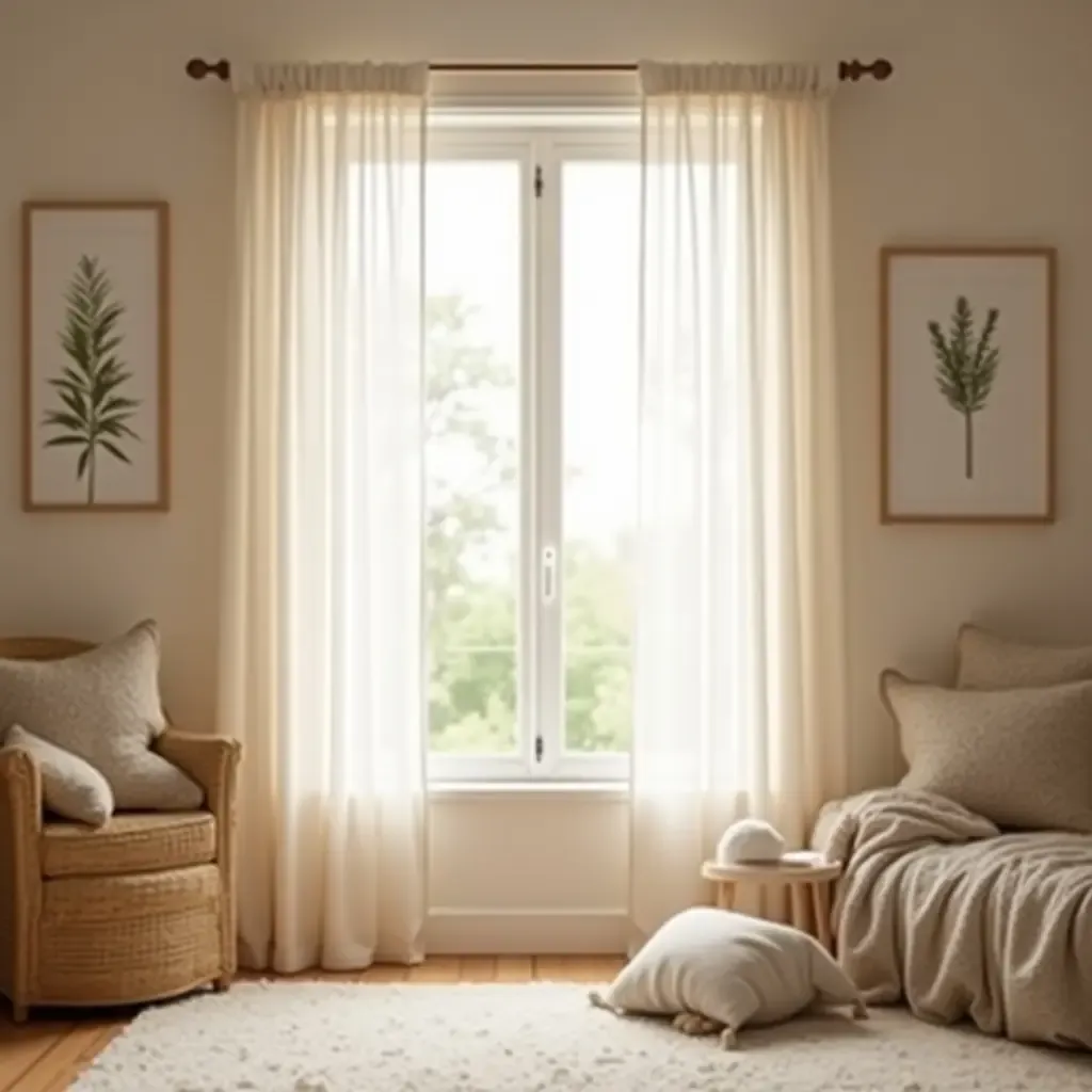 a photo of a cozy nursery with a large window and soft, flowing curtains