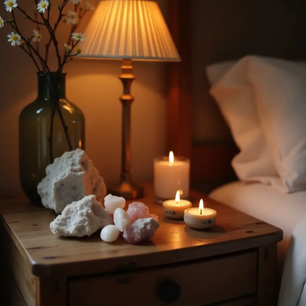 a photo of a bedside table decorated with crystals and incense