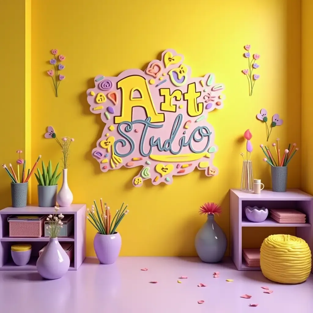 a photo of a fun yellow and purple art studio for kids