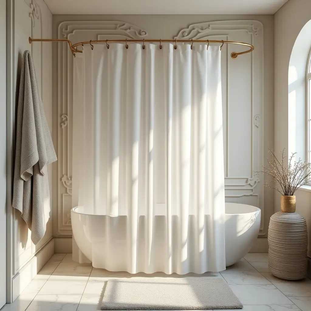 a photo of a luxurious bathroom with a stylish shower curtain and elegant towels