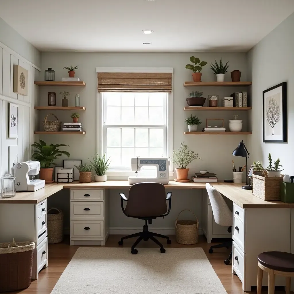 a photo of a basement sewing room with farmhouse decor and organized supplies