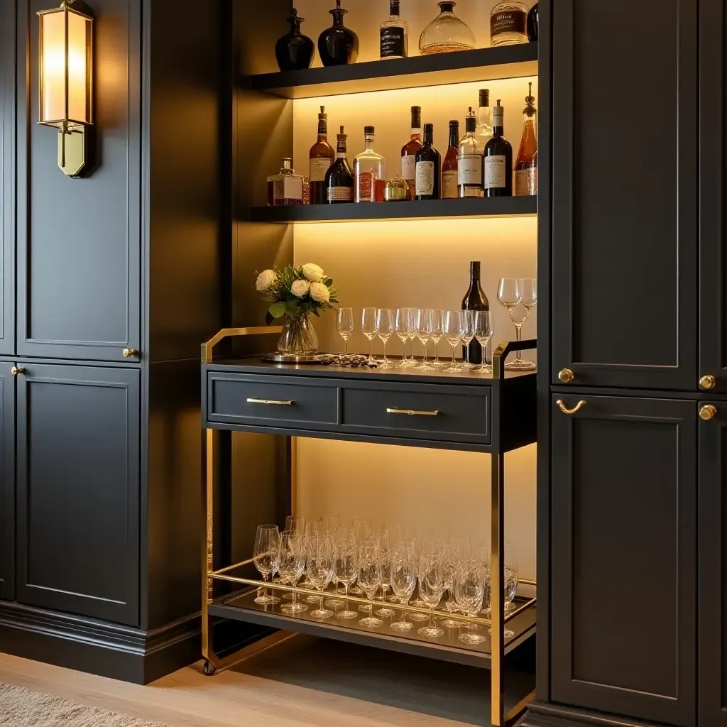 a photo of a glamorous basement bar cart with elegant glassware and decor