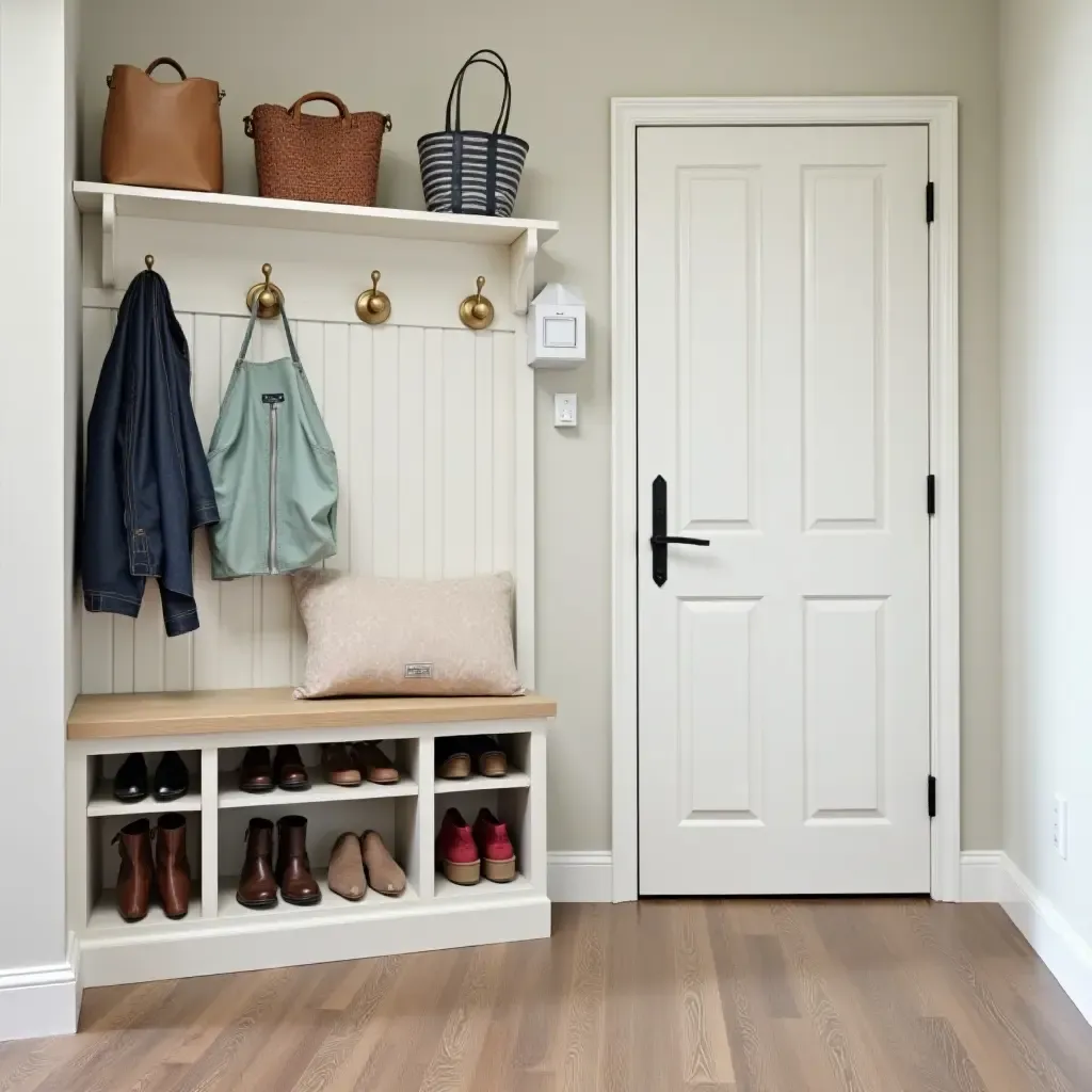 a photo of a functional entrance hall featuring shoe storage and decorative shelving