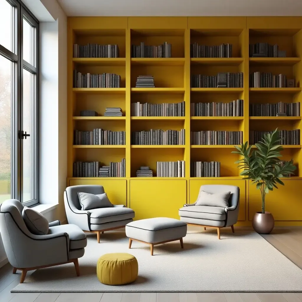 a photo of a yellow and gray themed library with modern bookshelves