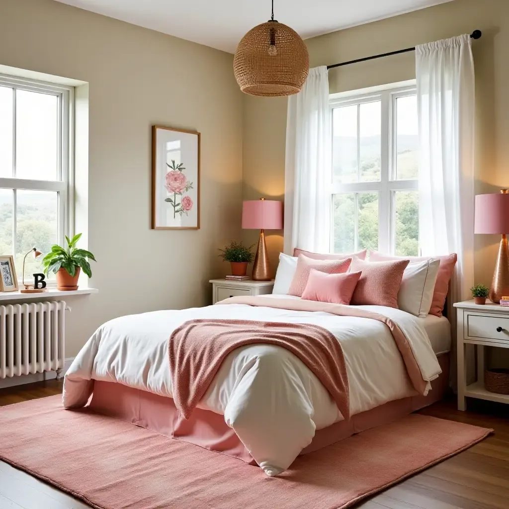 a photo of a playful bedroom with a farmhouse theme and bright accent colors