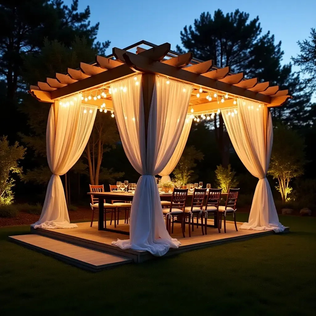 a photo of a stylish pergola with draped fabric and fairy lights for evening gatherings