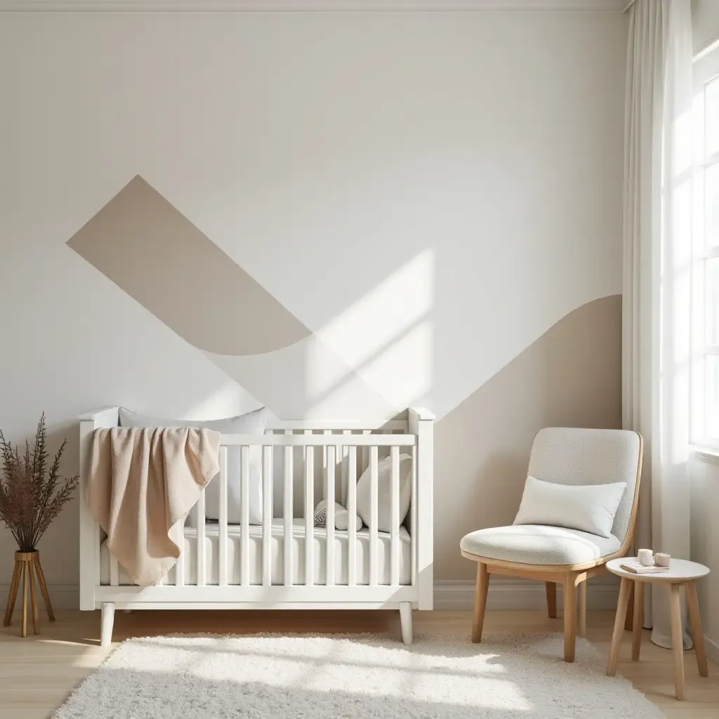 a photo of a sleek nursery with geometric patterns and neutral tones