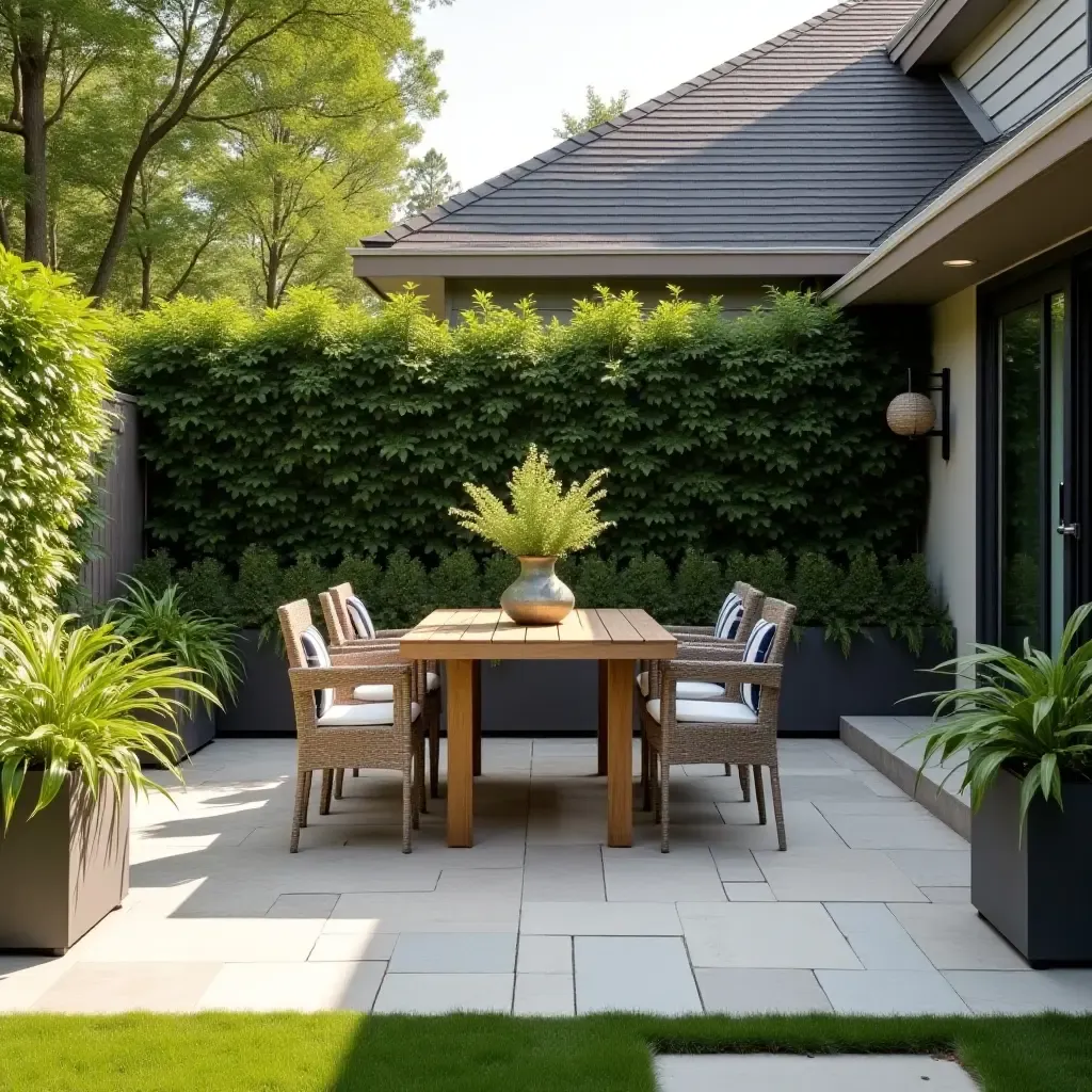 a photo of a patio with an outdoor dining setup and greenery