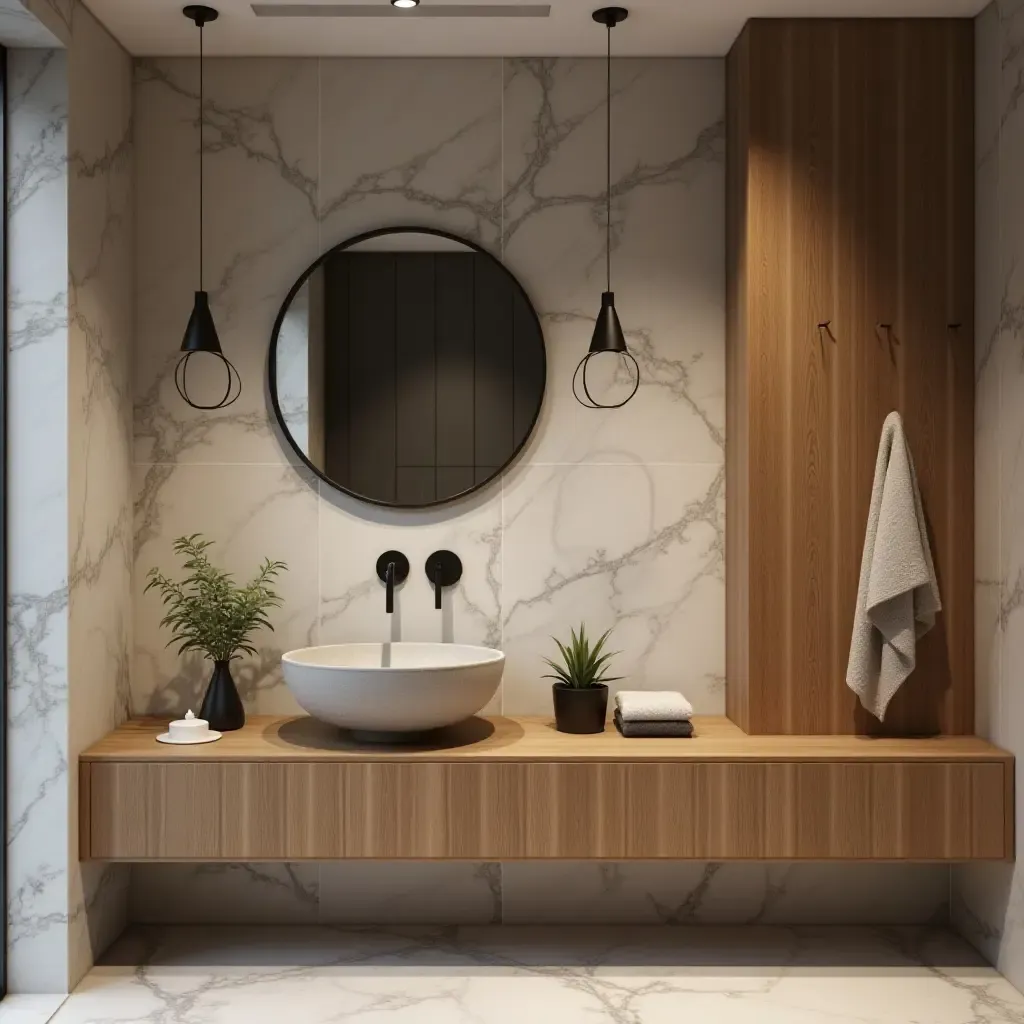 a photo of a stylish bathroom with a concrete sink and wooden accents