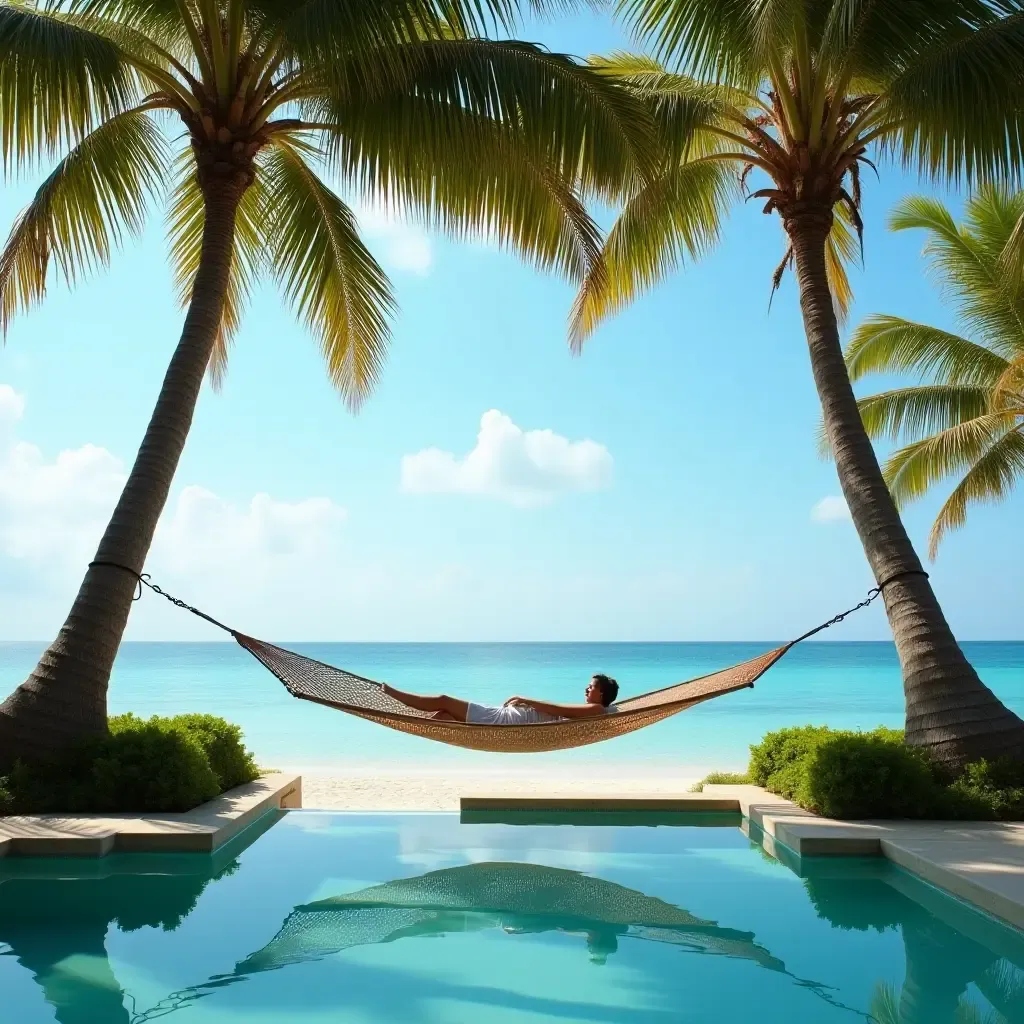 a photo of a cozy hammock strung between two palm trees by the pool