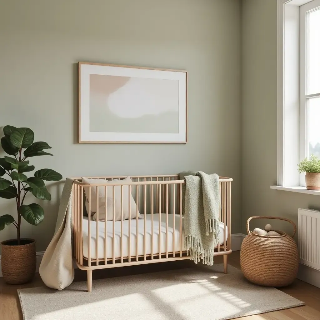 a photo of a cozy nursery with olive green accents and handmade pottery