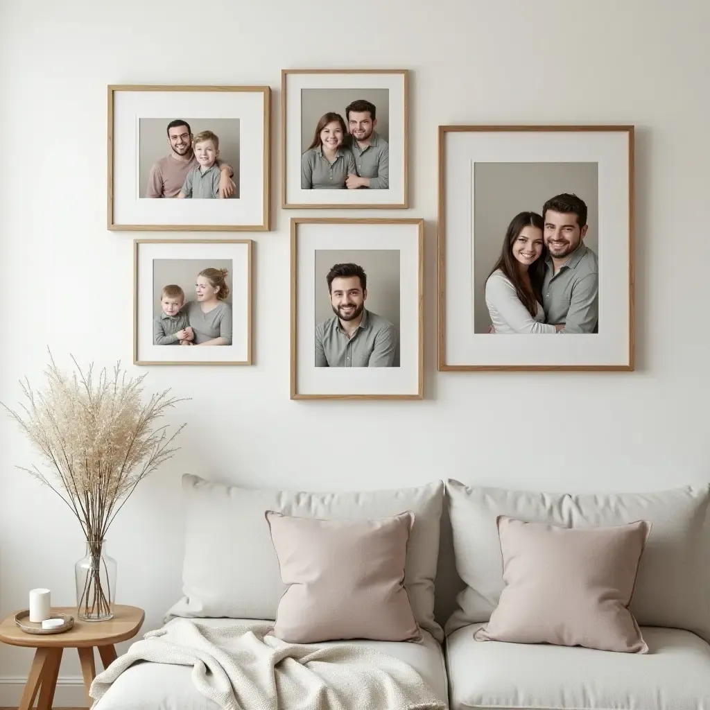 a photo of a themed wall with family portraits in matching frames