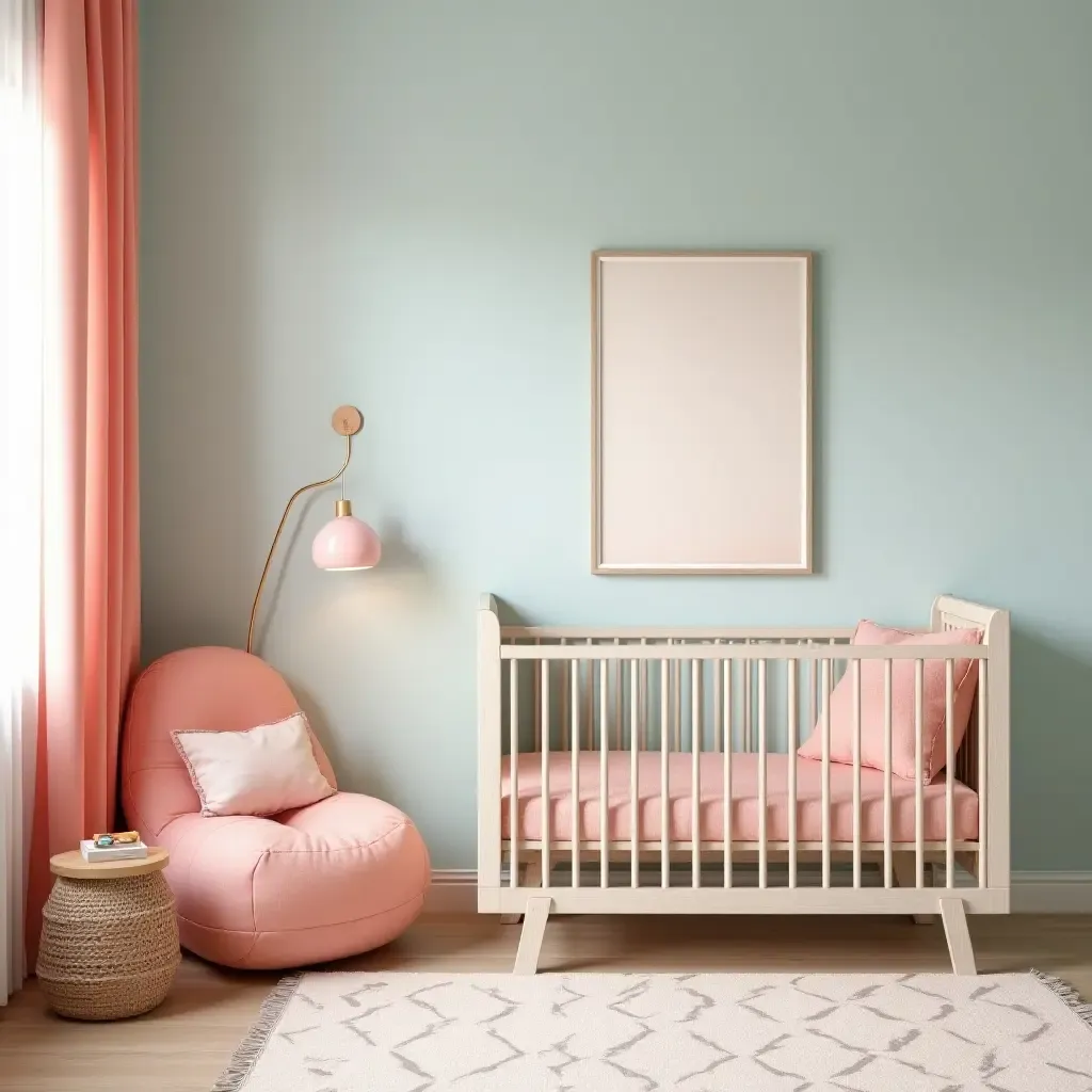 a photo of a nursery decorated in soft coral and light aqua