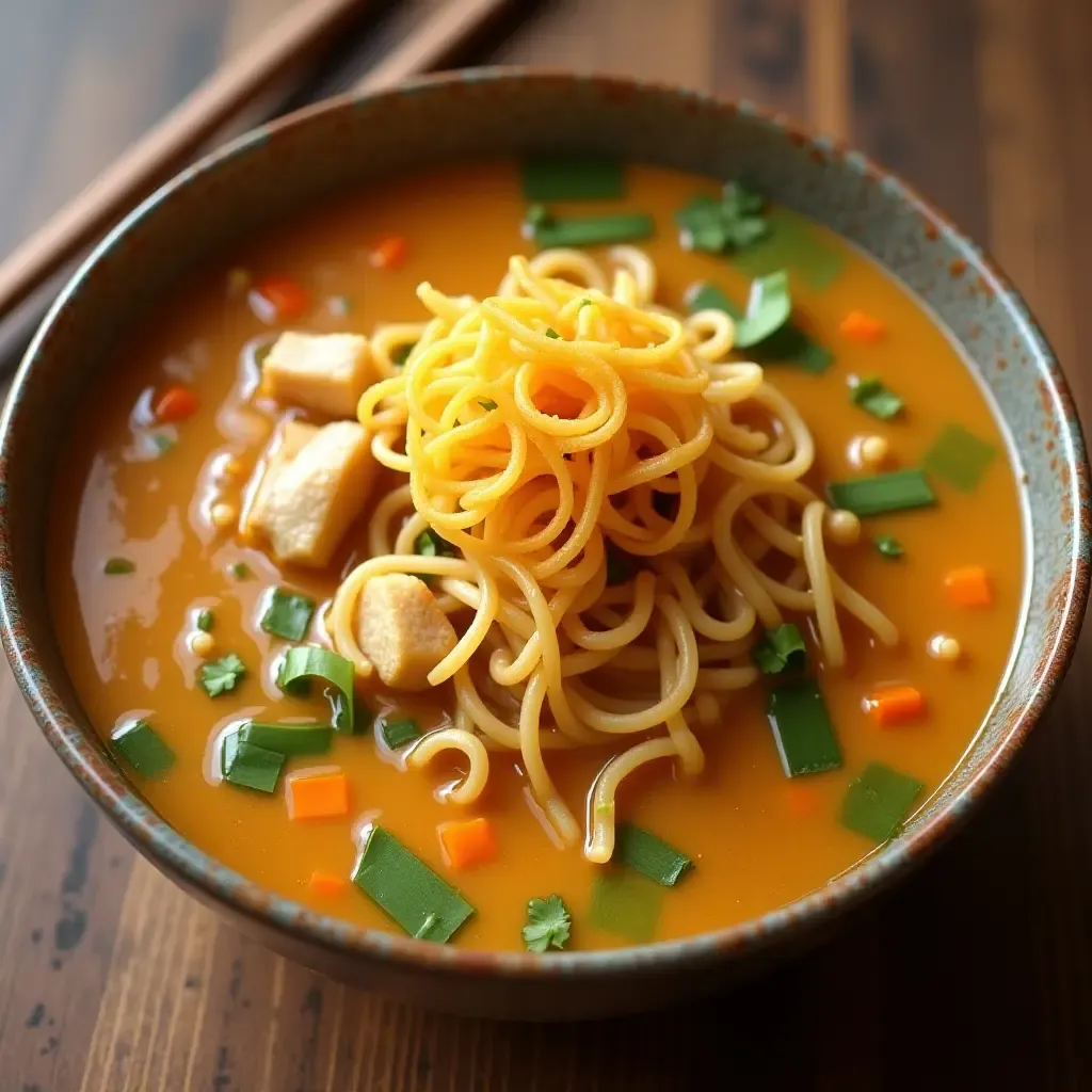 a photo of Khao Soi, a northern Thai coconut curry noodle soup with crispy noodles on top.