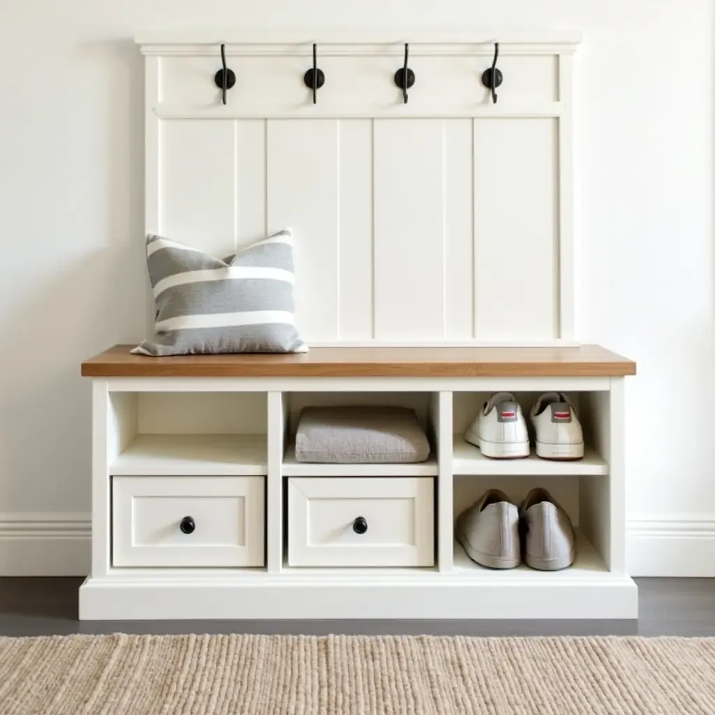 a photo of a custom-built bench with hidden compartments for a clutter-free entryway