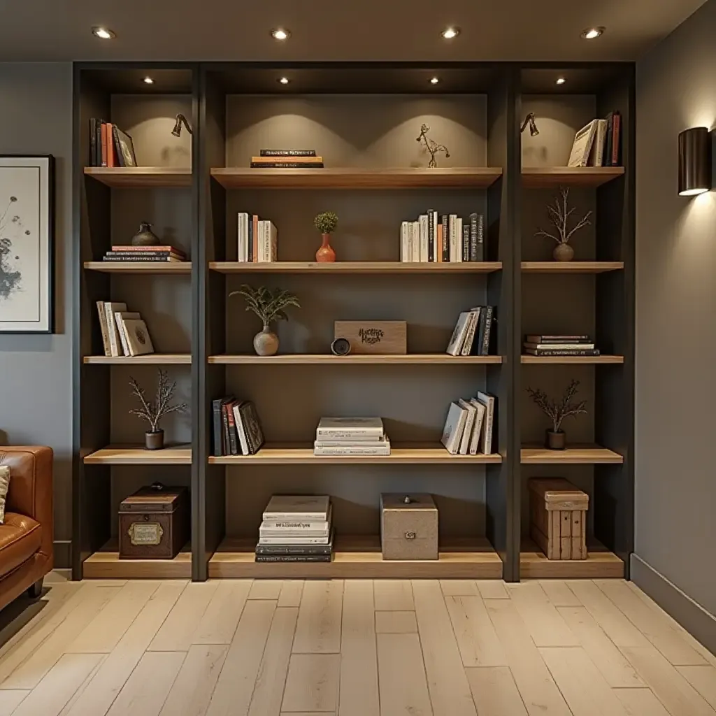 a photo of a basement with metallic bookends on shelves