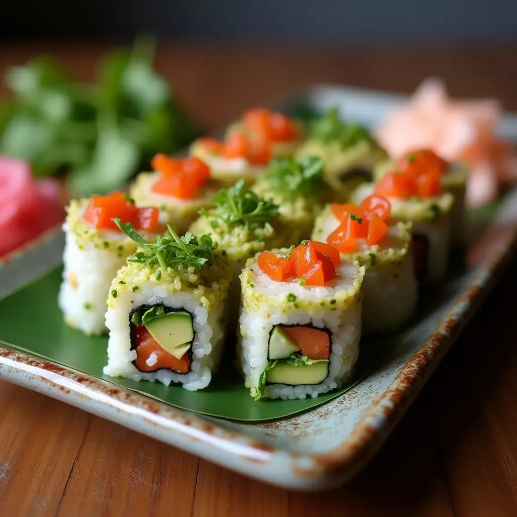 a photo of a platter of vegetarian kimbap with avocado, spinach, and pickled radish