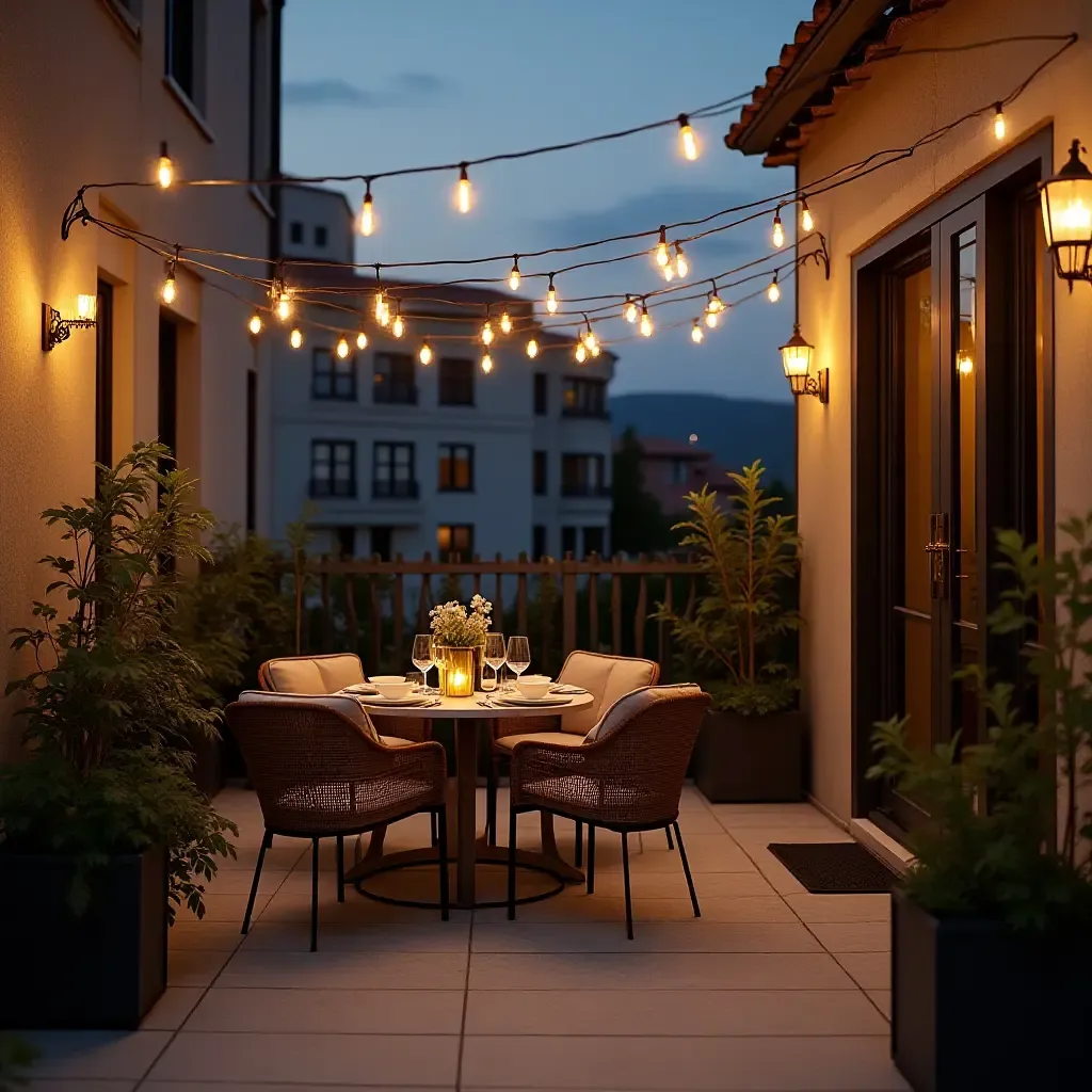 a photo of an elegant balcony with a small dining set and string lights