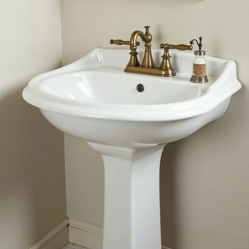 a photo of a classic pedestal sink with brass fixtures