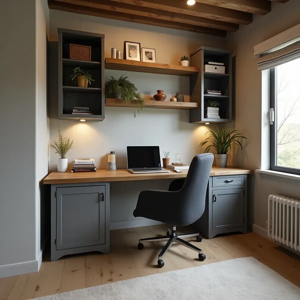 a photo of a basement office with a metal desk and rustic shelving